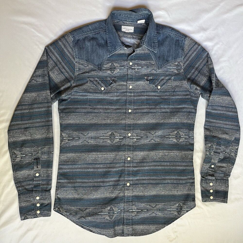 Stetson Mens L Blue Denim Western Pearl Snap Shirt Southwestern Pattern Cotton